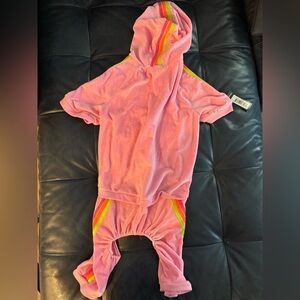 Pink Hooded Dog Onesie with Rainbow Stripes